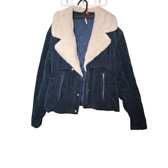 Free People Blue Green Corduroy Sherpa Collar Zip Up Cropped Jacket Small *READ - Picture 4 of 10